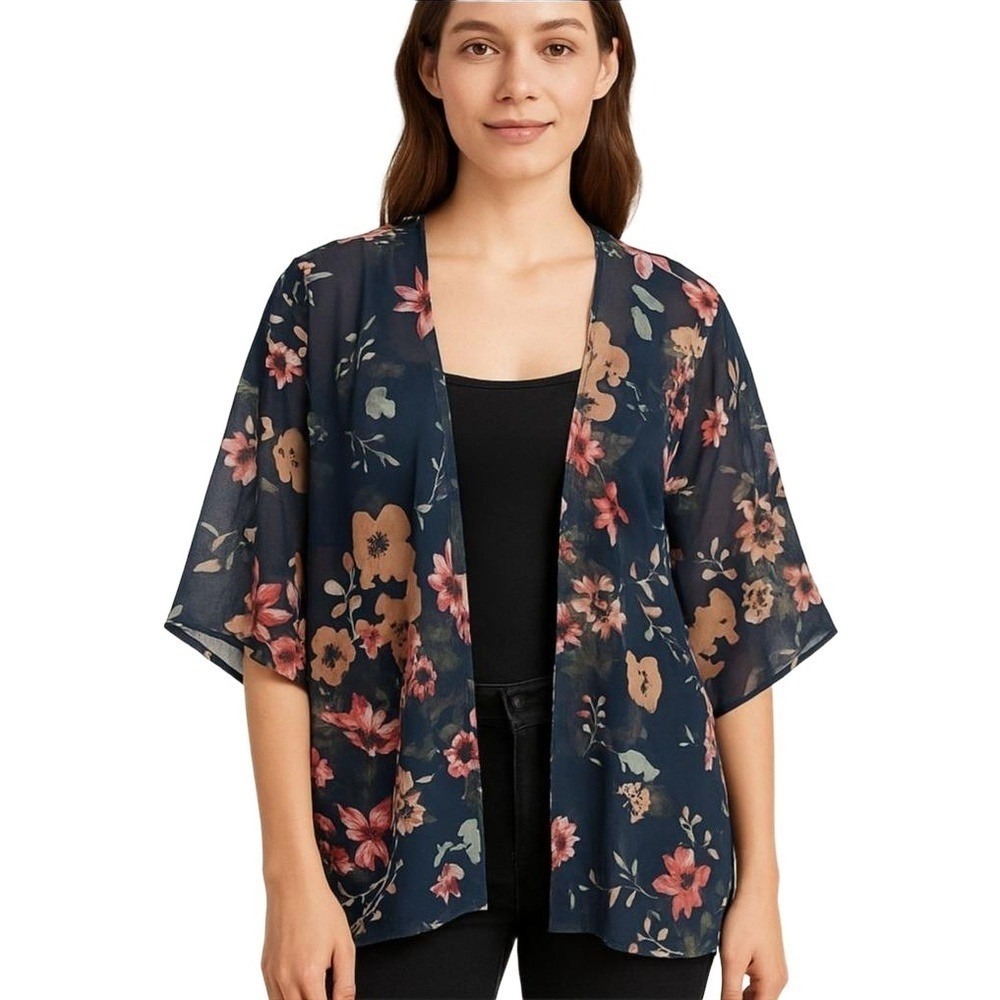 WOMEN'S FLORAL KIMONO CARDIGAN
Navy Blue Semi-Sheer Floral Kimono – Size L